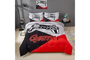 akkialla Gaming Comforter Sets for Kids Teen Boys,Video Games Controller Pattern Bedding Set for Room Decor, Queen Size 3-Piece Reddish Black Gamer Comforter with Pillowcase,All Season(Red,Queen)