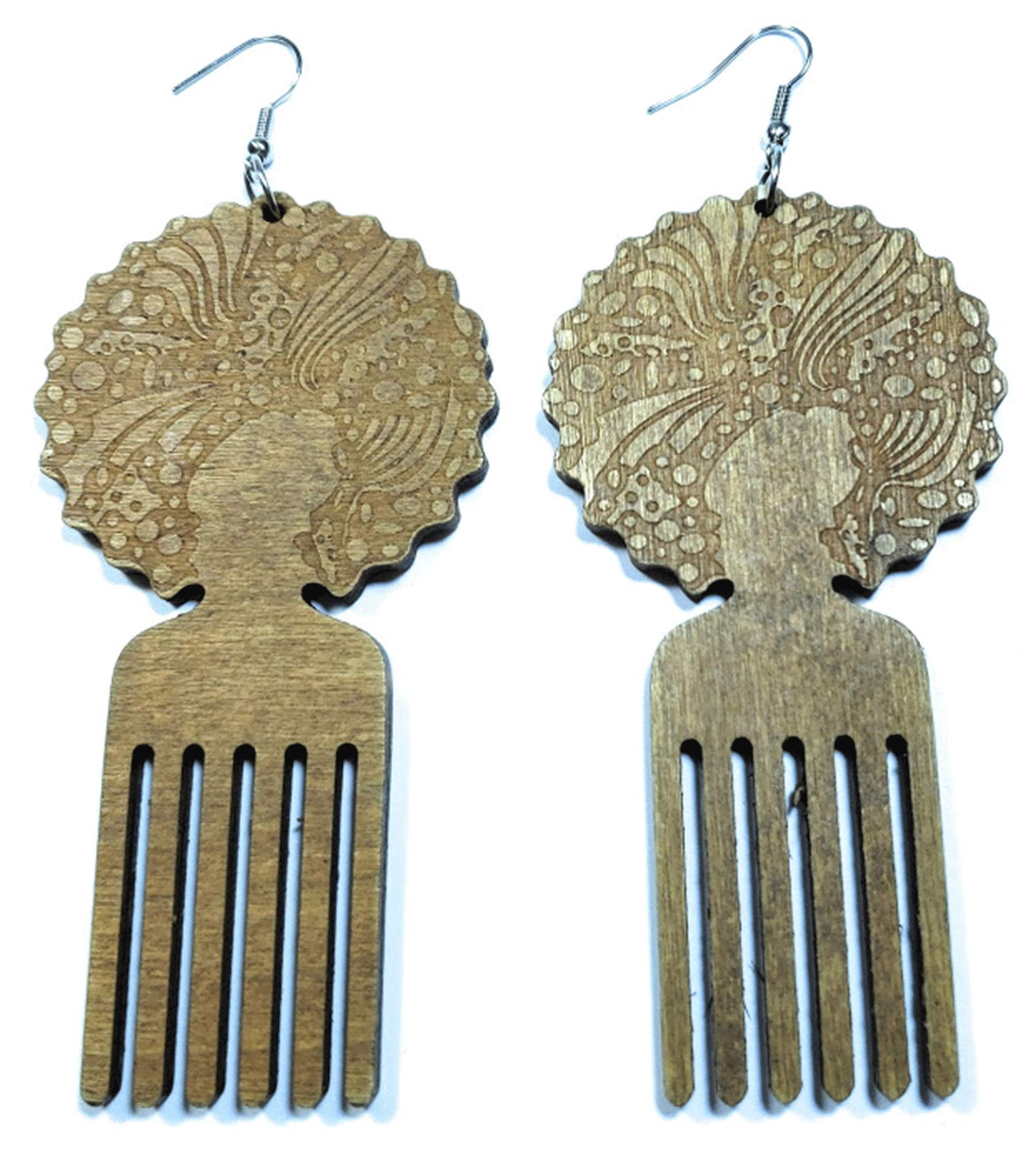 Teri's Boutique Afrocentric African Afro Pick Comb Style Women Hair Wood Natural Color Drop Dangle Earrings, 1 Count (Pack of 1), Wood
