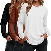 Ficerd 3 Pack Women's Long Sleeve Shirts, Cotton Crew Neck Tunic Tops Casual Loose Fit Pullover Sweatshirts Curved Hem Shirts