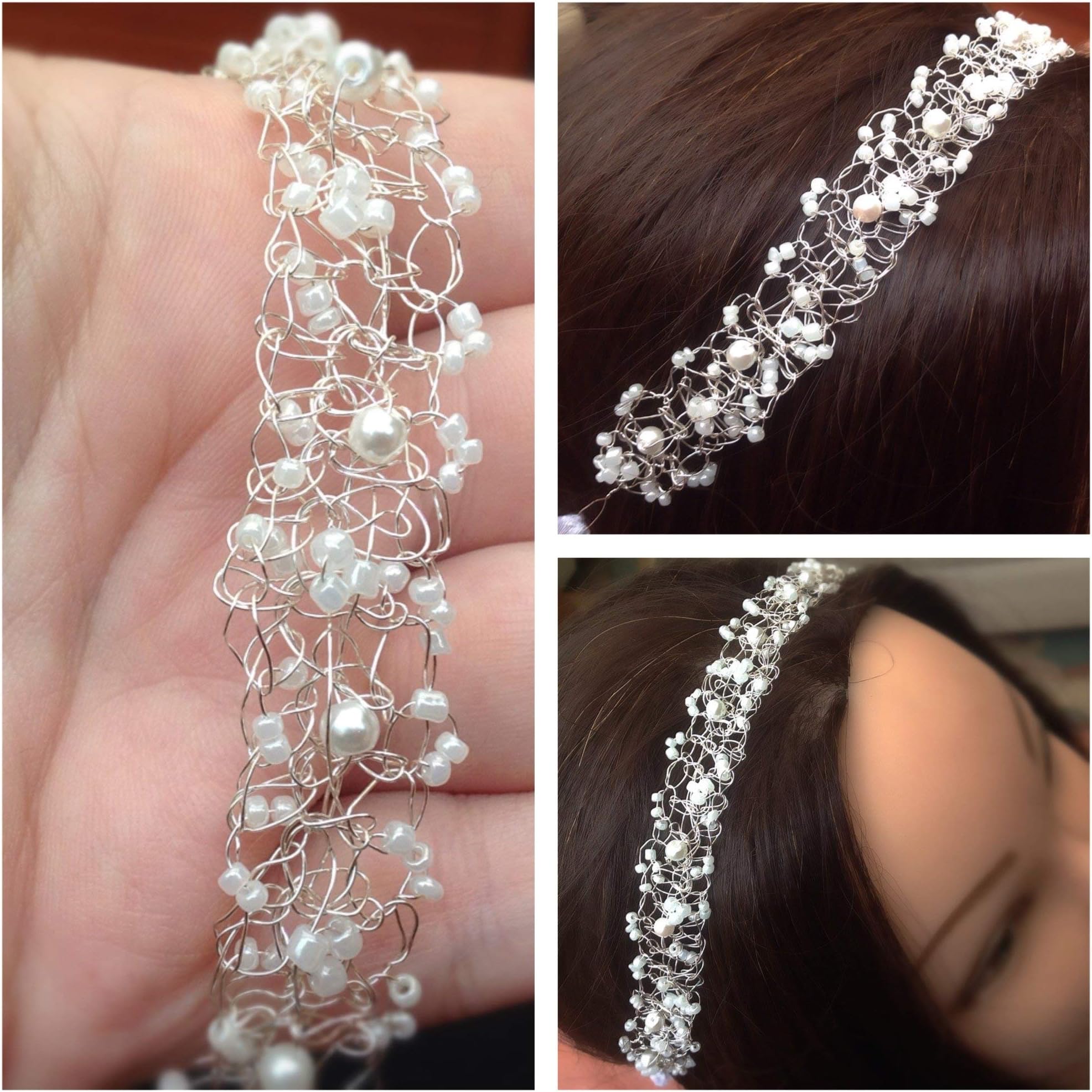 wedding headband, Hair vine, Bridal headpiece, Tiara, halo,crown, headdress, Bohemian, silver, pearls, crochet lace flower girl, bridesmaid, 15"/18"