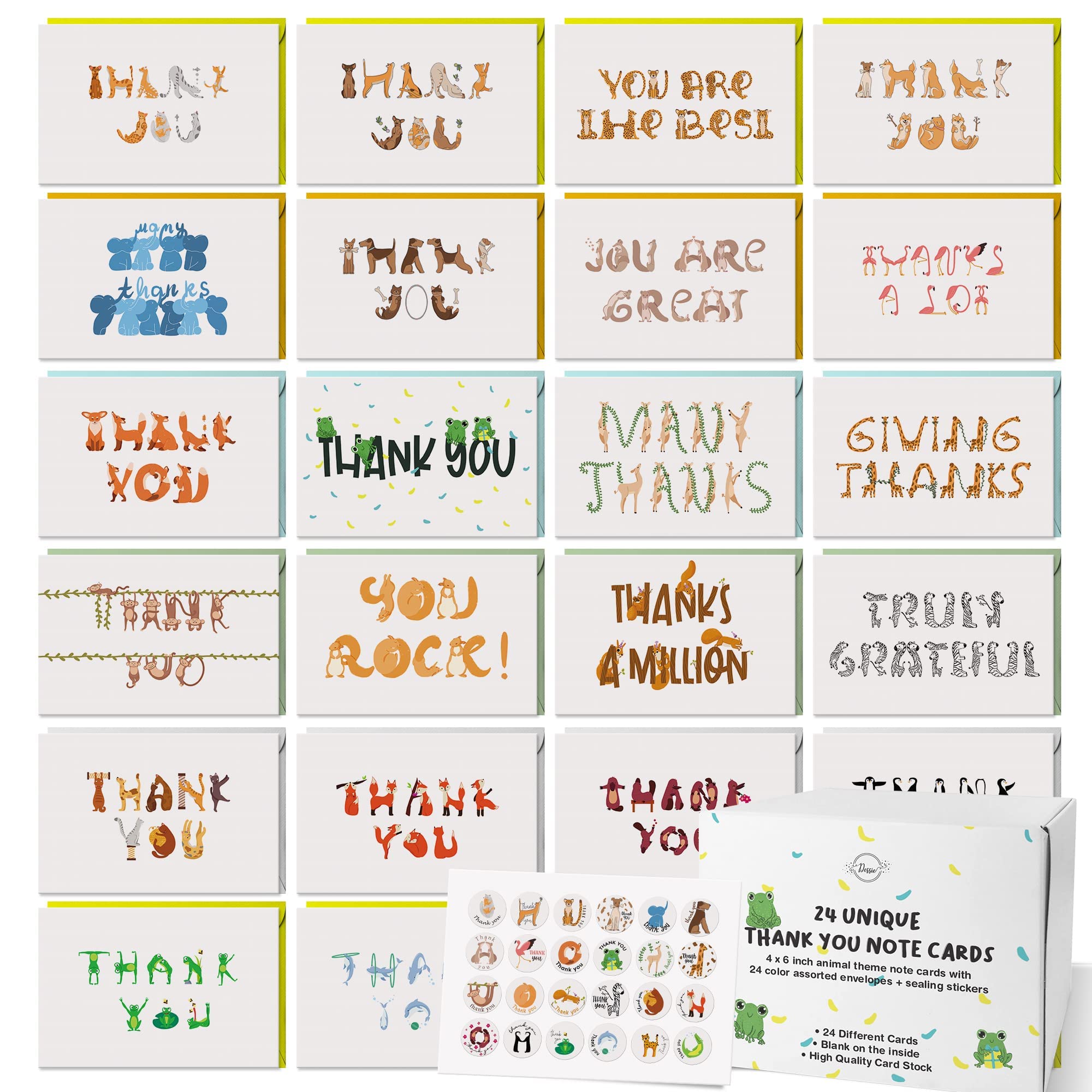 Dessie Thank You Cards Multipack with Envelopes and Sealing Stickers. 24 Unique Thank You Greeting Cards for Kids, Small Business