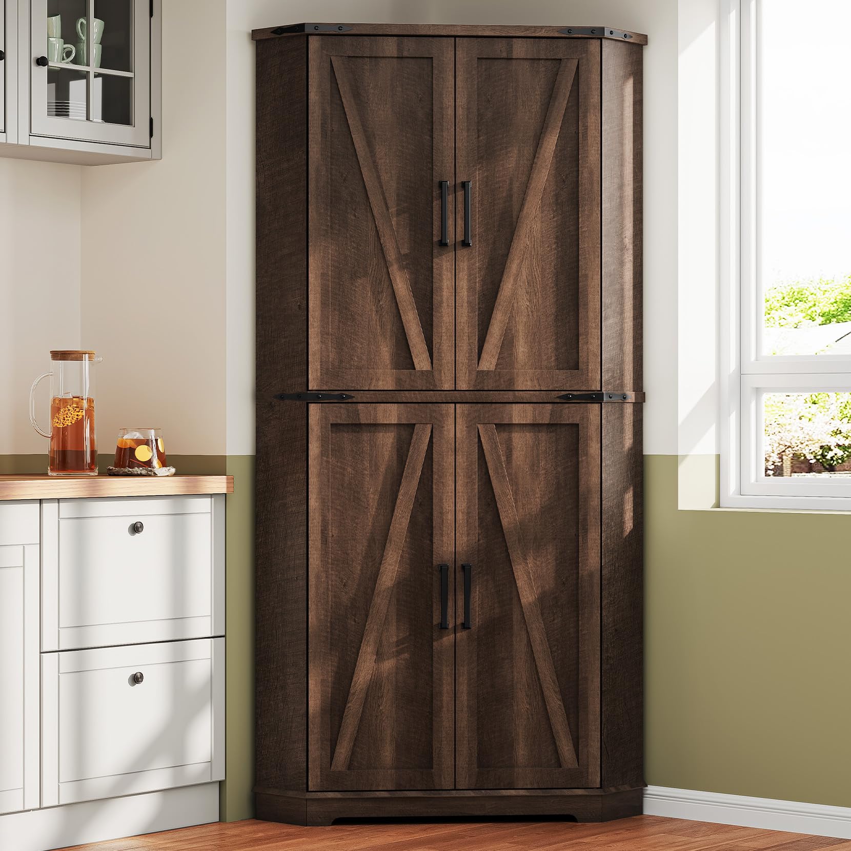 Photo 1 of *Chipped* Dripex 71" Corner Cabinet Brown, Farmhouse Kitchen Pantry Cabinet with Doors Storage & Adjustable Shelves, Tall Corner Storage Cabinet with LED Light, Food Pantry for Living Room, Dining Room