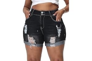 Gboomo Womens Plus Size Jean Shorts High Waisted Distressed Denim Shorts Casual Ripped Fold Hem Short Jeans