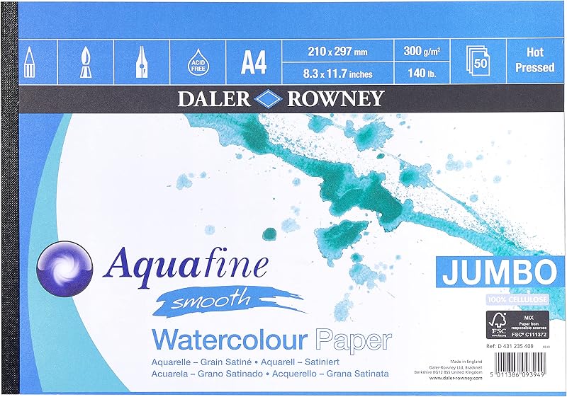 Daler Rowney Aquafine Smooth 300gsm Watercolour Paper A4 Pad 50 Sheets