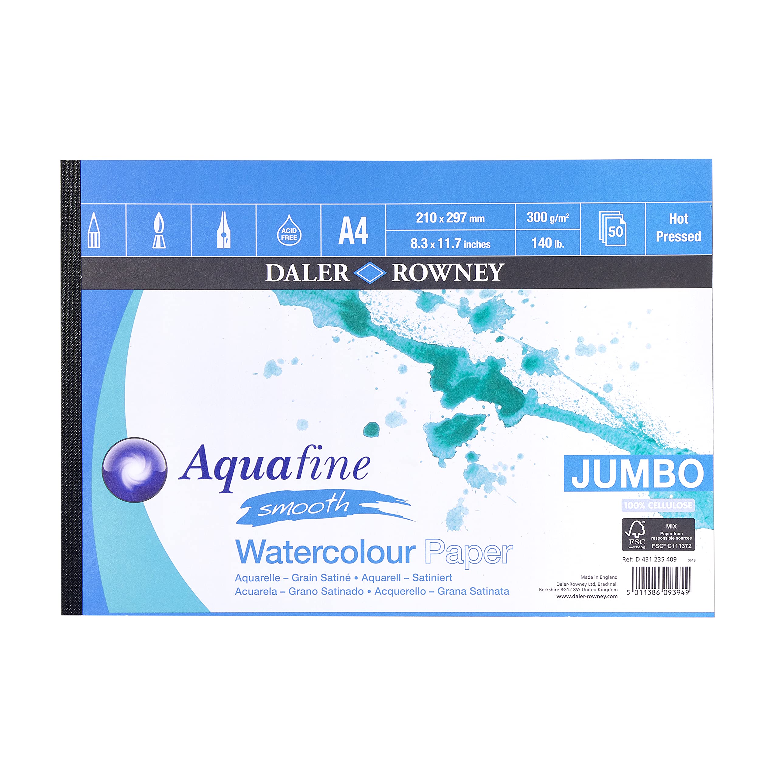 Daler-Rowney Aquafine Smooth Hot Pressed 300gsm Watercolour & Gouache A4 Paper Pad, Glued 1 Side, Natural White, 50 Sheets, For Professional & Beginner Artists & Students, Acid-Free
