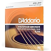 D'Addario EJ15 Phosphor Bronze Acoustic Guitar Strings, Extra Light 10-47 | Phosphor bronze acoustic guitar strings offer warm, bright, balanced tone, reliable intonation, durable feel and playability.
