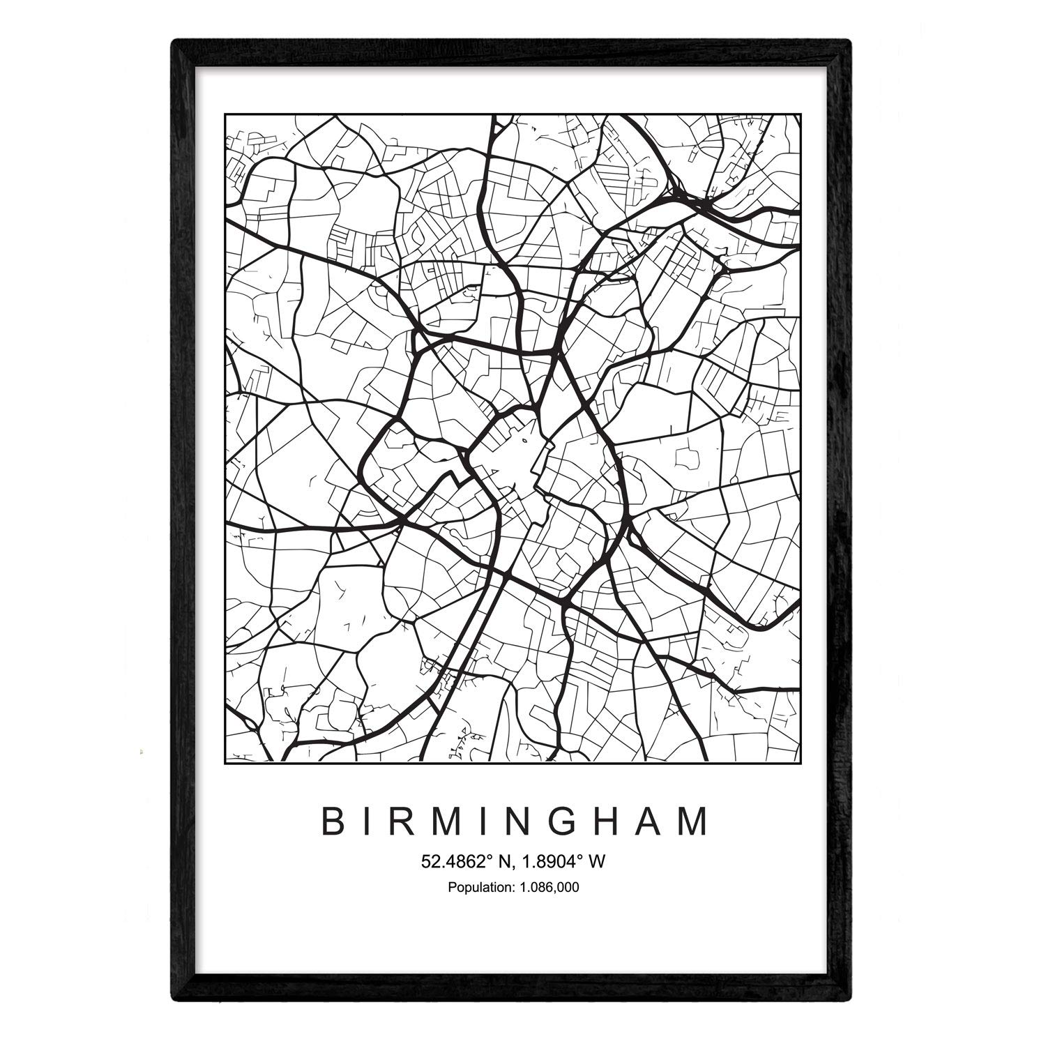 Nacnic Poster City Map of Birmingham city | Minimal Nordic style in black and white | Print of city map in Europe | A3 size | Decor for room, walls, office, shops