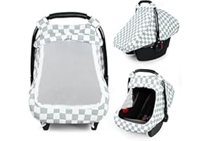 DILIMI Car Seat Covers for Babies, Muslin Cotton Baby Car Seat Cover with Breathable Mesh Window, Summer Infant Car Seat Canopy for Boys Girls Newborn, Green Plaid
