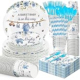 350 Pcs Baby Shower Party Plates and Cups and Napkins Sets, Baby Shower Decorations Boy, 50-Pack Blue & Greenery Design for Boys, 7-Piece Essentials Bundle DisposableTableware Set