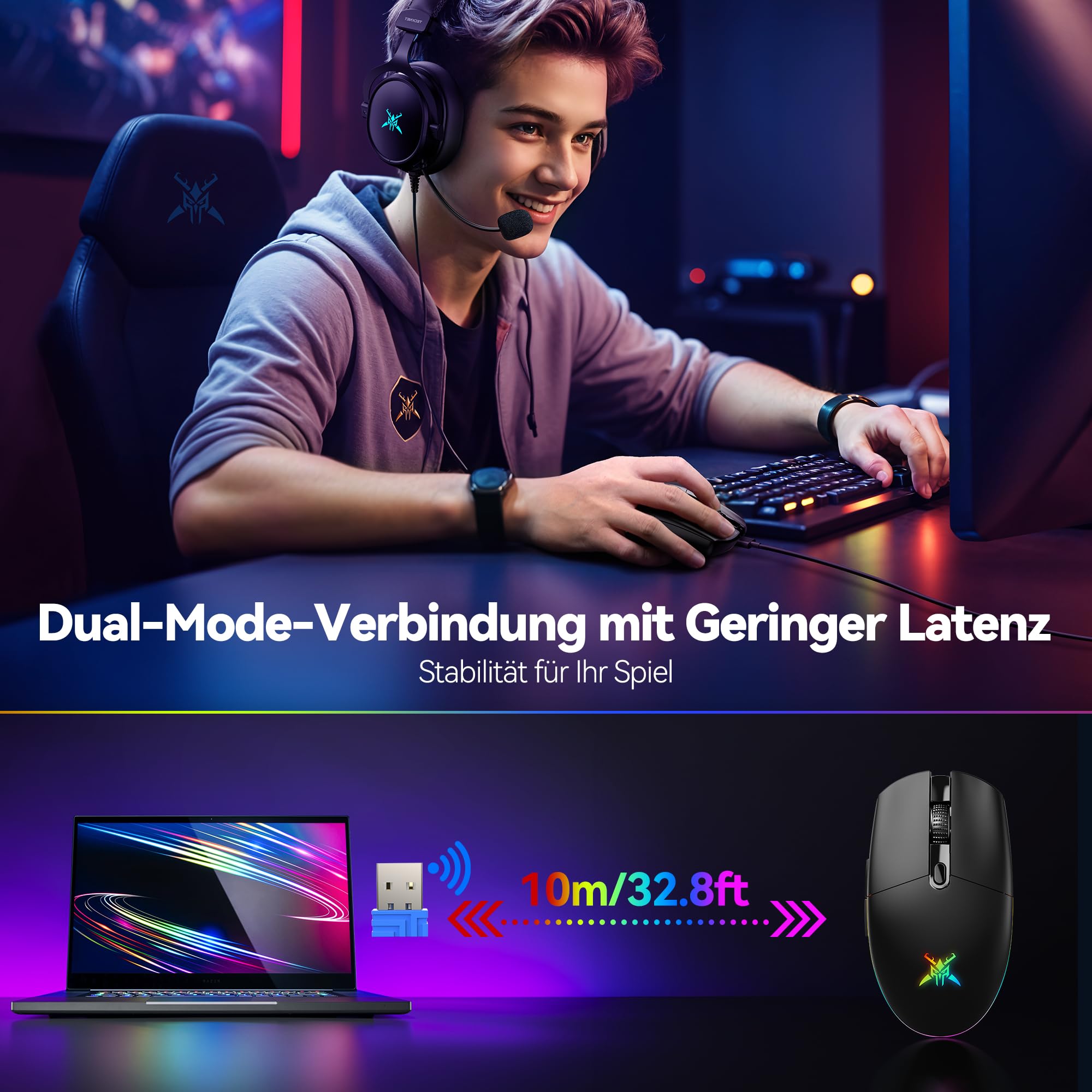 TECKNET Kabellose Gaming-Maus, RGB 2.4G/USB-C Kabelgebundene Gaming-Maus, 8000 DPI Wiederaufladbar, PC Gaming Mouse mit Programmierbaren Tasten, 72g Ultraleicht Maus für Windows XP/11/10/8/7 usw 2