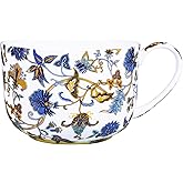 LanHong 25 Ounce Bone China Soup Bowls with Handles Large Soup Mug for Coffee Cereal Oatmeal Latte Flora Soup Bowl Bone China Soup Cup Microwave Safe (Blue)