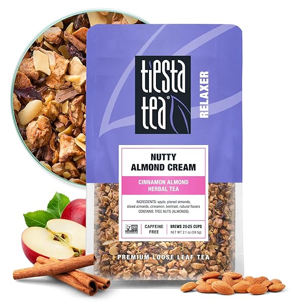 TIESTA TEA – NUTTY ALMOND CREAM, PREMIUM LOOSE LEAF, CINNAMON ALMOND HERBAL TEA BLEND, NON-CAFFEINATED, MAKE HOT OR ICED & BREWS UP TO 25 CUPS, 2.1 OUNCE RESEALABLE POUCH