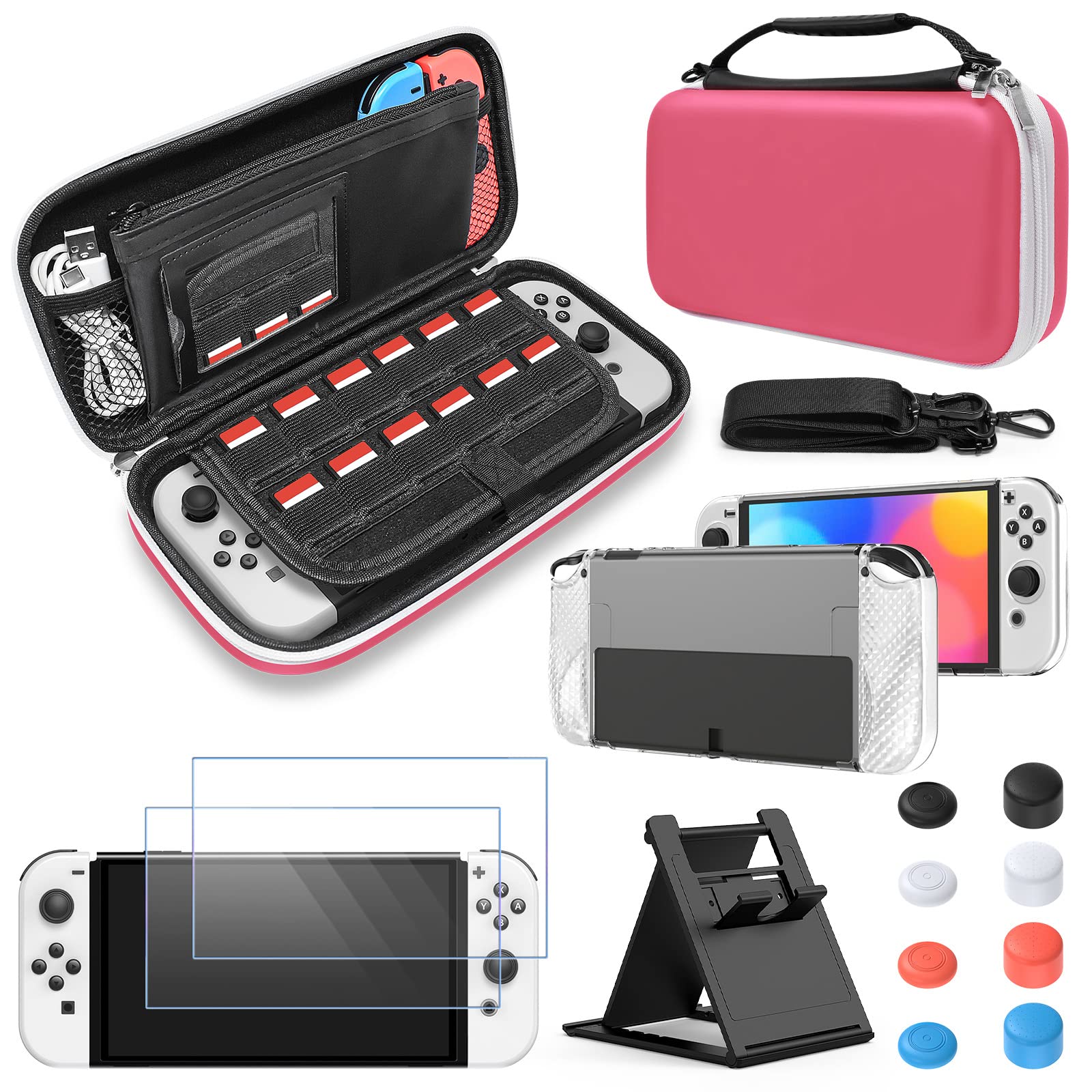 FYOUNG Carry Case for Nintendo Switch OLED Case and Cover Accessories Bundle, Travel Carrying Case Bundle with Switch OLED Protective Case, Screen Protector, Thumb Grip Caps Accessories Kit - Pink