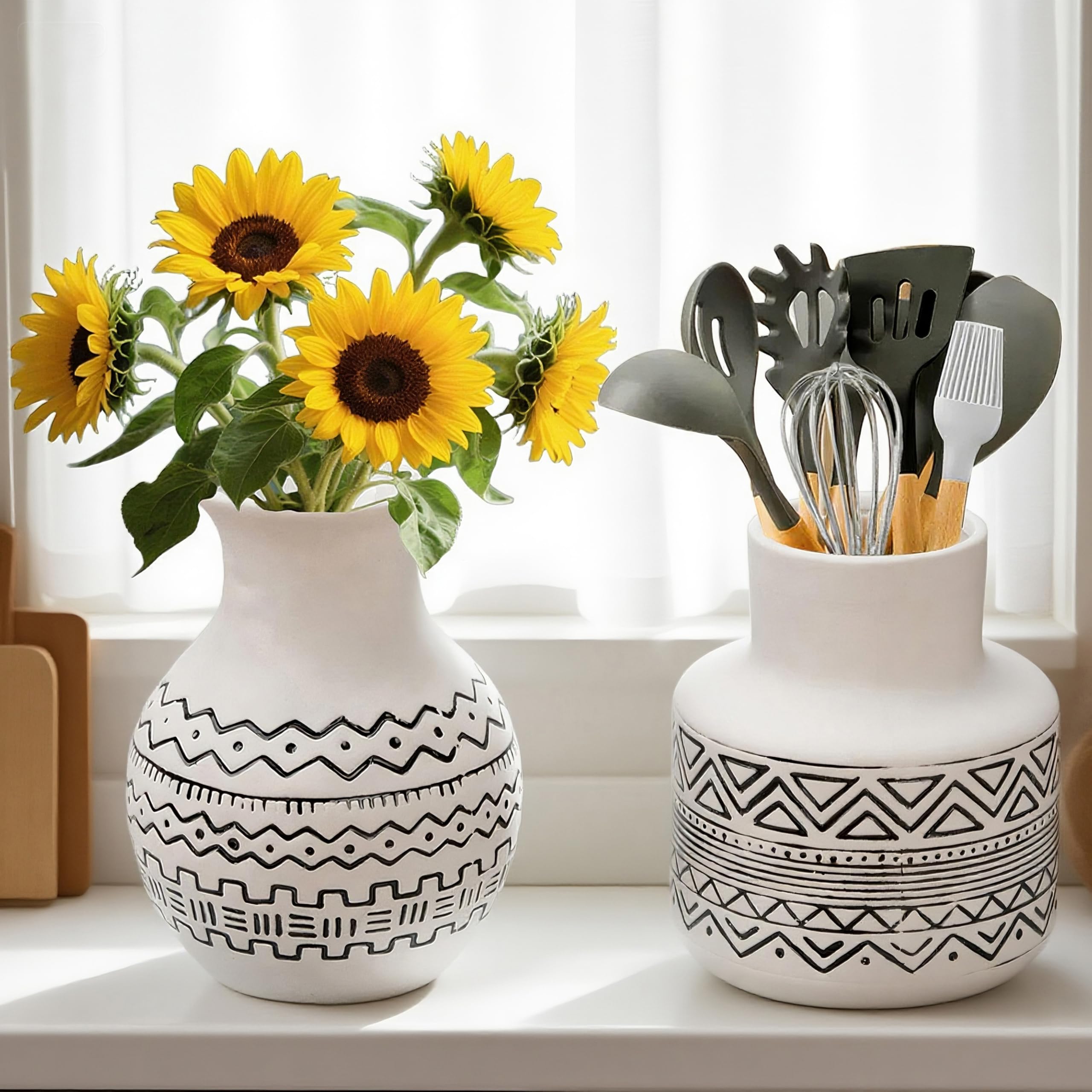 Handcrafted Ceramic Vase Set of 2 — Geometric Boho Farmhouse Flower Vase Centerpiece for Kitchen/Home Decor/Living Room, Ceramic Kitchen Utensil Holder for Countertop