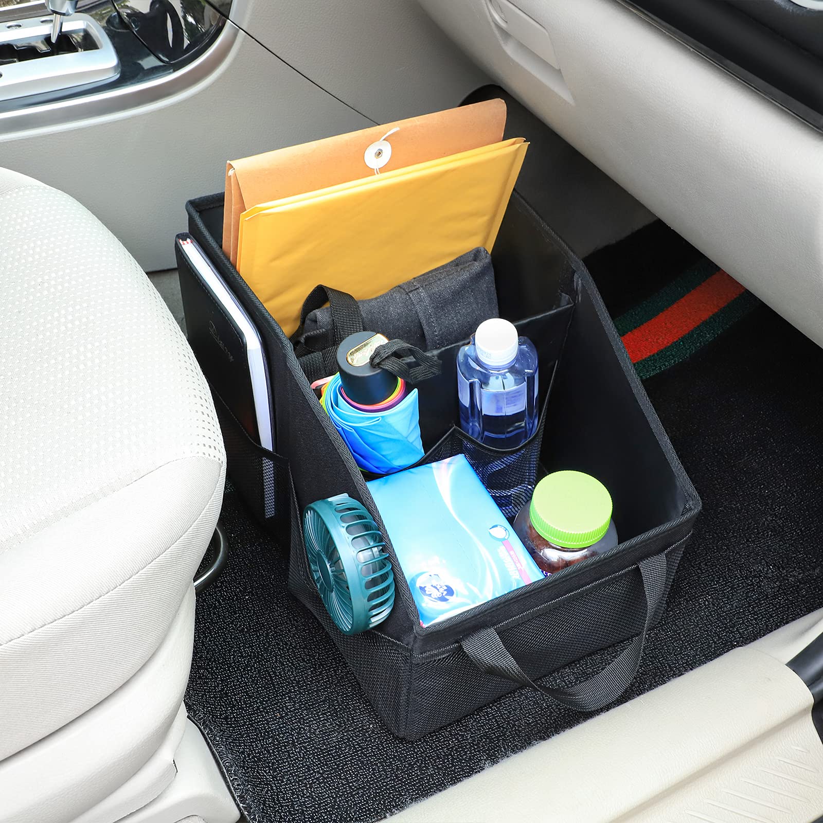 Car Organizer - Automotive Organizer for Front And Back Seat or Floor, Car Caddy Organizer with Divide, Handles and Multiple Mesh Pockets