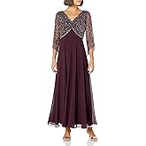 J Kara Women's Petite 3/4 Sleeve V-Neck Beaded Top Long Gown