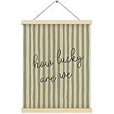 Shrago How Lucky Are We Wall Art, Inspirational Positive Affirmation Green and Beige Striped Poster Hanger Frame for Bedroom Living Room Home Office Wall Decor, 12x16 Inch