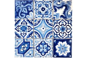 DYARI Set of 9 Decorative Ceramic Tiles – Hand Painted Indoor & Outdoor – Artisan Top Kitchen – Mediterranean Decorative 4x4 / One Tile Durable Colorful (Blue, 9 Tiles (1 Sq Ft))