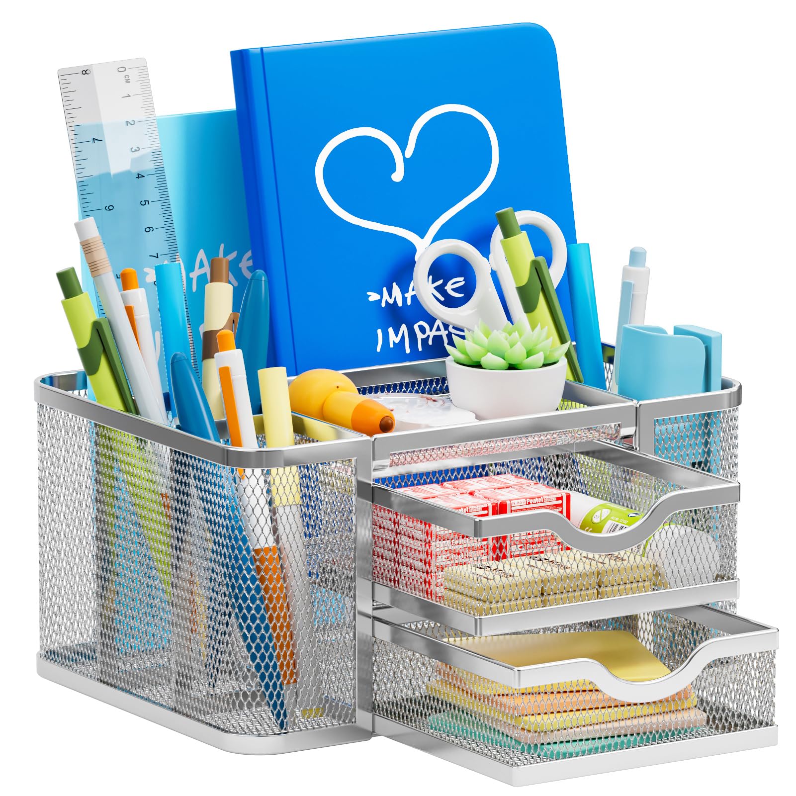 Marbrasse Mesh Desk Organiser,Pen Organiser with 2 Drawer,Multi-Functional Pencil Holder for Accessories with 5 Compartments + Drawer for Home Office Supplies(Silver)