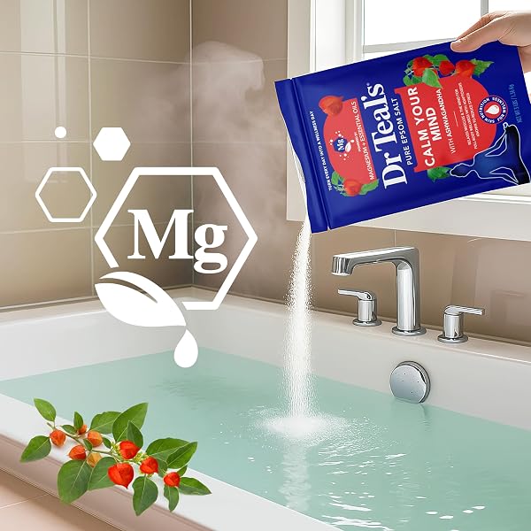 DR TEAL’S EPSOM SALT MAGNESIUM SOAK, ASHWAGANDHA & ESSENTIAL OILS, 3 LBS (PACK OF 4)