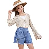 Milumia Girl's Tie Front Crochet Cardigan Hollow Out Long Sleeve Knit Crop Cover Up Top