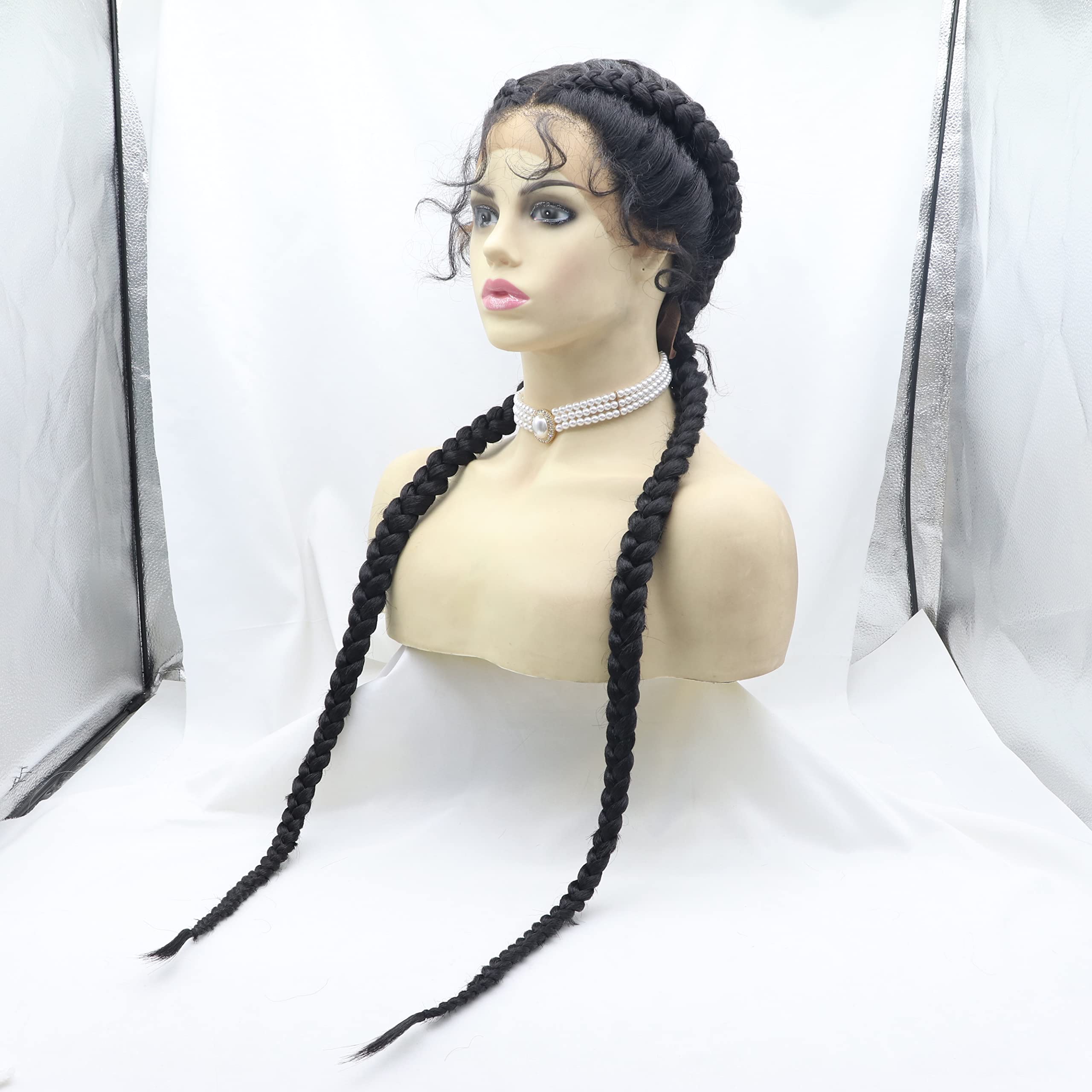 xiweiya Extra Long 1B# Black Braided Wig 100% Hand Made Twisted Braid Wig 360 Swiss Lace Front Wig Black Dutch Braids with Baby Hairs Cornrow Wig Afro Wig for Women 36 inch — image 1