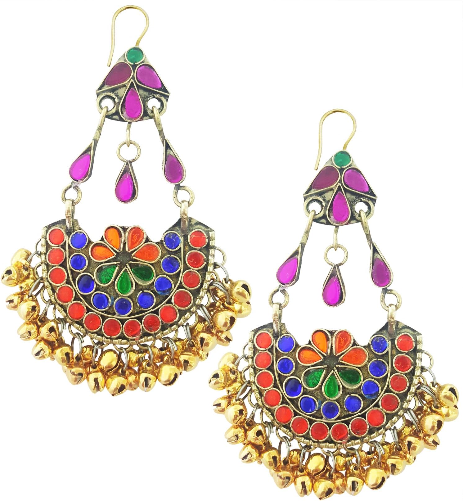 Traditional Afghani Earrings with Golden Silver Ghungroos & Colored Glass For Girls