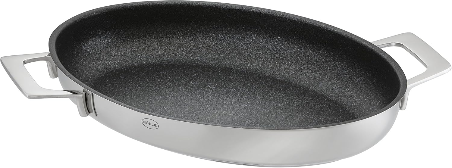 RÖSLE SILENCE Schlemmer- und Fischpfanne, Pfanne mit kratzfester Antihaftversiegelung ProResist, ovale Form, PFOA frei, Edelstahl 18/10, Spülmaschinengeeignet