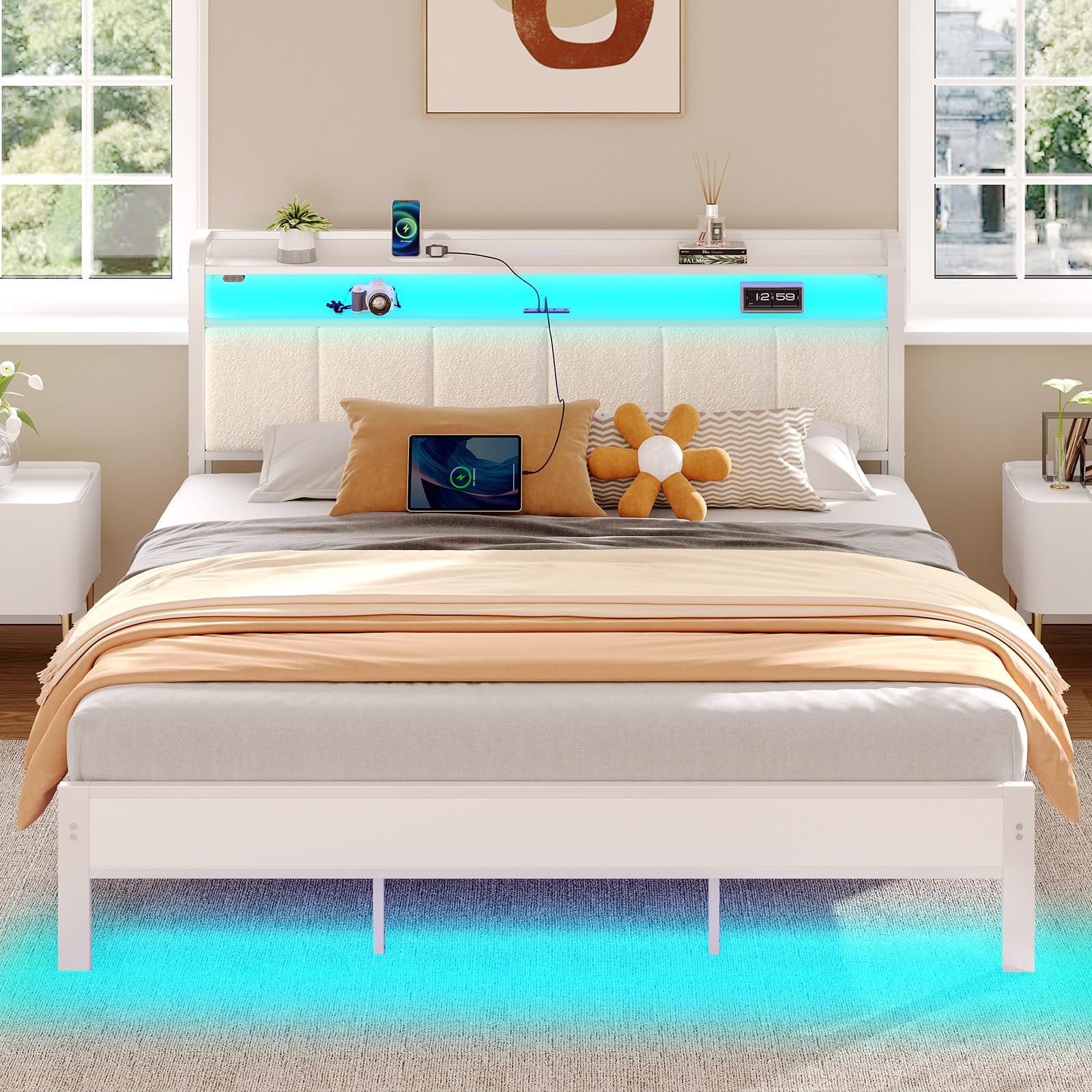 Rolanstar Bed Frame King Size with Charging Station and LED Lights, Upholstered Headboard with Storage Shelves, Heavy Duty Metal Slats, No Box Spring Need, Noise Free, Easy Assembly, White Image