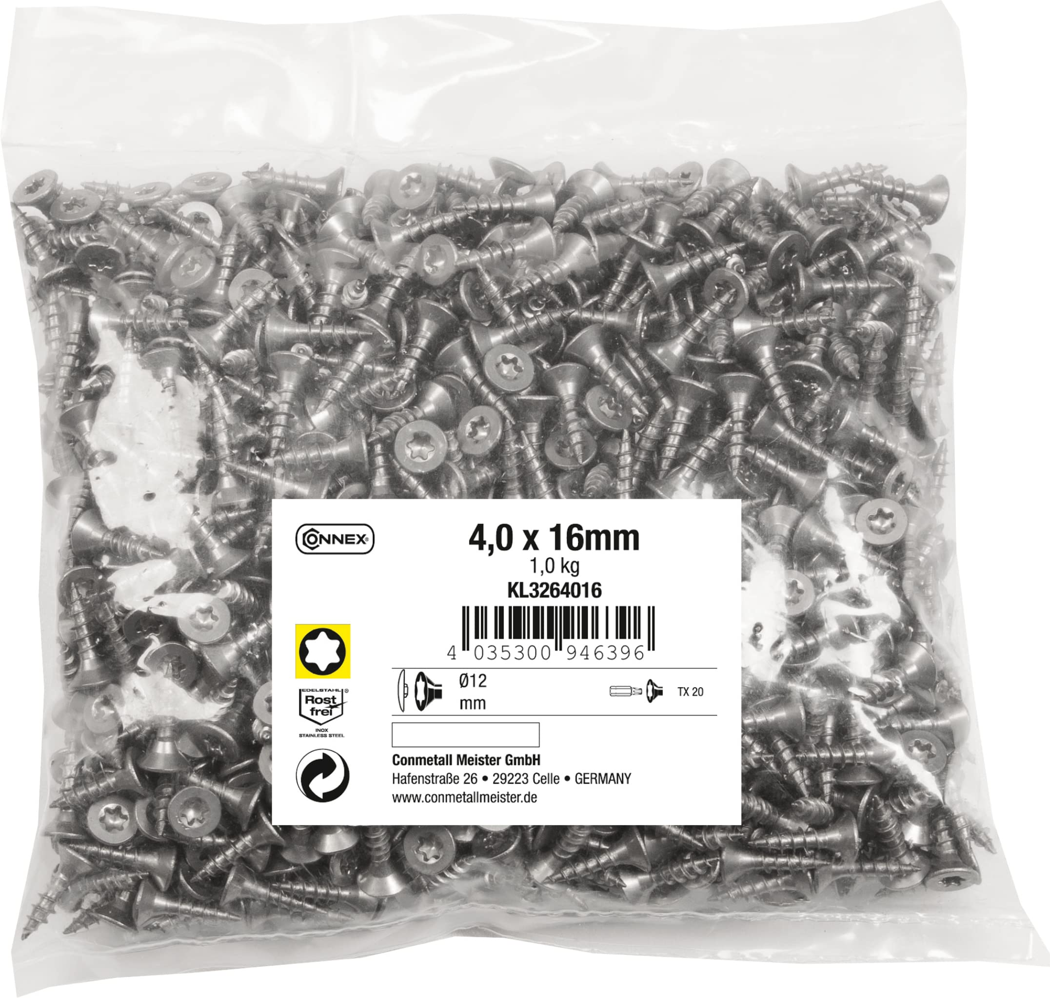 Connex KL3264016 Universal Screws 4.0 x 16 mm - 1 kg Bulk Pack - Countersunk Head - TX Drive - Full Thread - Stainless Steel/Screw Set/Screws in Bag — image 1