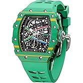 FEICE FM603 Watches for Men Automatic Skeleton Watch Men's Vintage Automatic Mechanical Skeleton Waterproof Watch Silicone Strap Sport Luminous Analog Unique Business Wristwatch for Men Green，Gifts Mechanical Watches for Men.