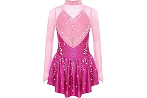 Agoky Girls Sparkly Figure Ice Skating Dress Long Sleeve Rhinestones Ballet Dance Skirted Leotard Gymnastics Outfit