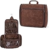 PAVILIA Large Hanging Toiletry Bag Travel Bag Women Men, PU Leather Cosmetic Organizer, Water Resistant Makeup Bag Accessories Toiletries, Travel Essentials Kit, Brown