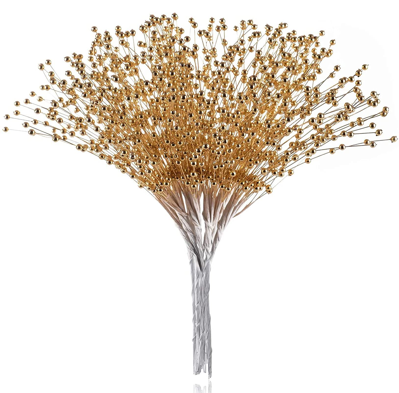 Photo 1 of 50pcs Beaded Stick Bride Wedding Pearl Bouquet Party Decoration, Christmas Decorations, 4mm Pearl Bouquet Christmas Flower, Christmas Tree Picks and Sprays (Gold)