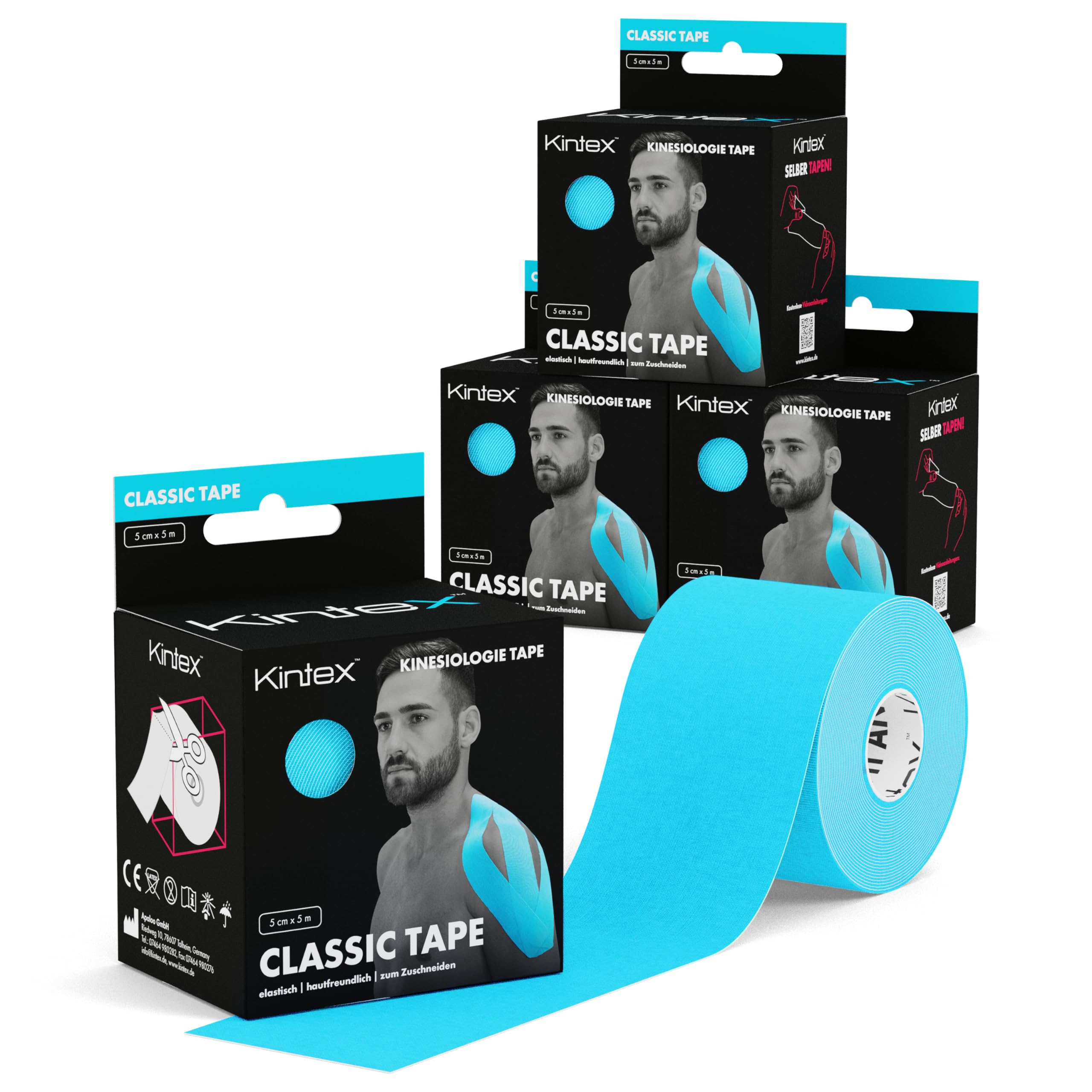 Kintex 4 Rolls of Kinesiology Tape Classic, 5 cm x 5 m, Skin-Friendly & Waterproof Kinesiology Tape, Physio Tape, for Sports & Physiotherapy