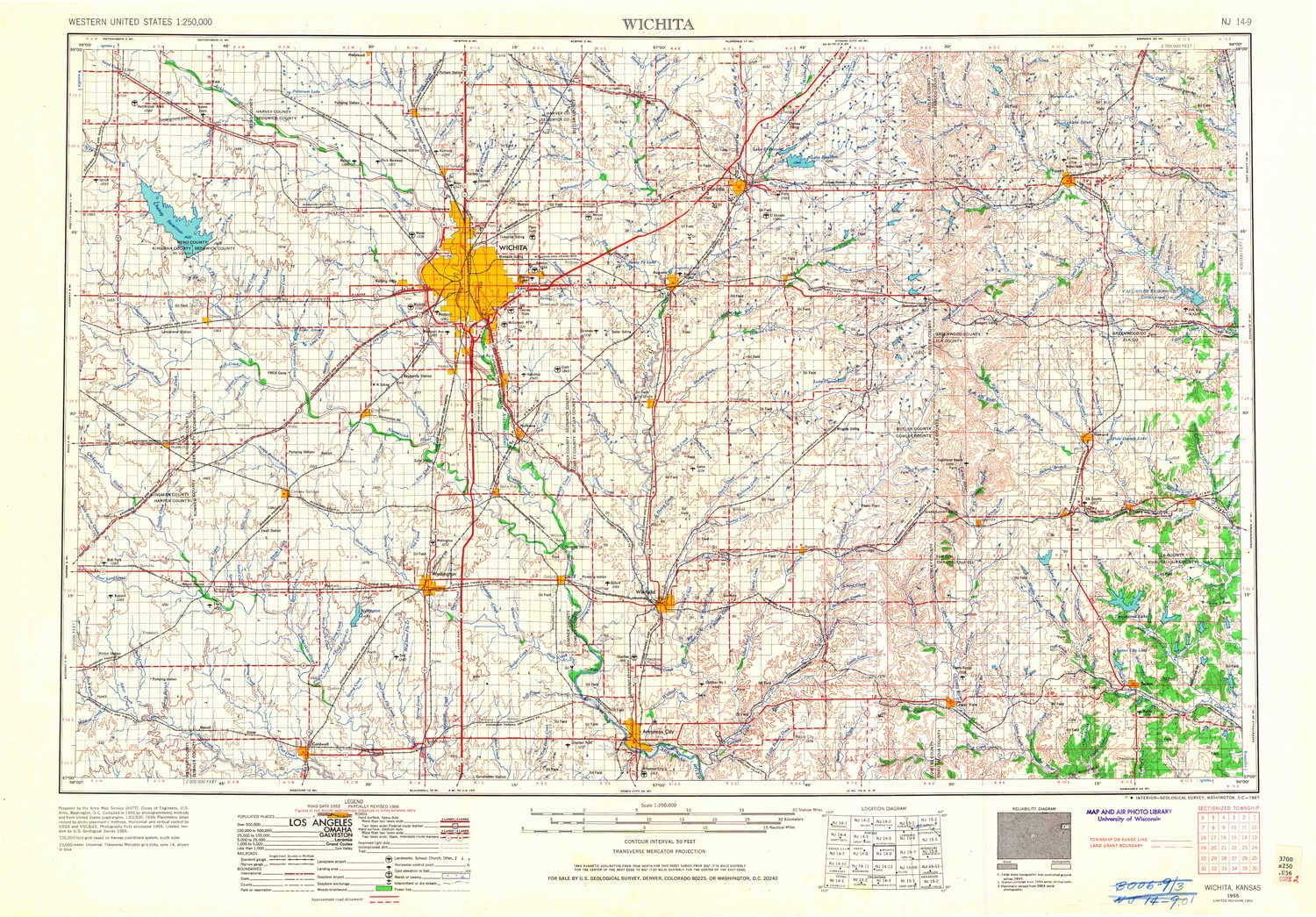 YellowMaps Wichita KS topo map, 1:250000 Scale, 1 X 2 Degree, Historical, 1955, Updated 1967, 22 x 31.8 in