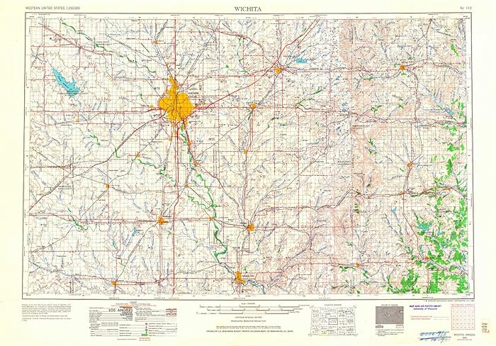 YellowMaps Wichita KS topo map, 1:250000 Scale, 1 X 2 Degree, Historical, 1955, Updated 1967, 22 x 31.8 in