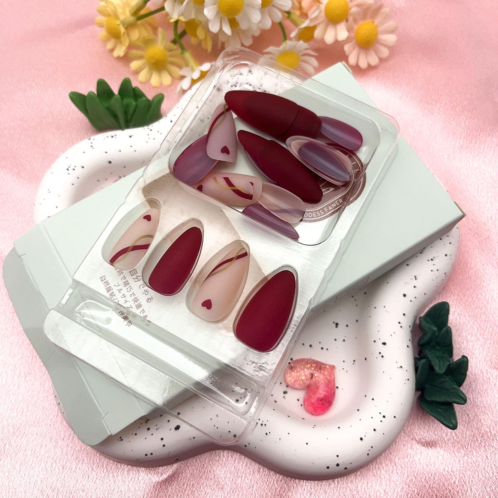 Nails Red Press on Nails Medium Almond Heart Fake Nails Matte False Nails with Line Design Nude Pink Glue on Nails Glossy Acrylic Nail Full Cover Stick on Nails for Women 24 Pcs - Image 2