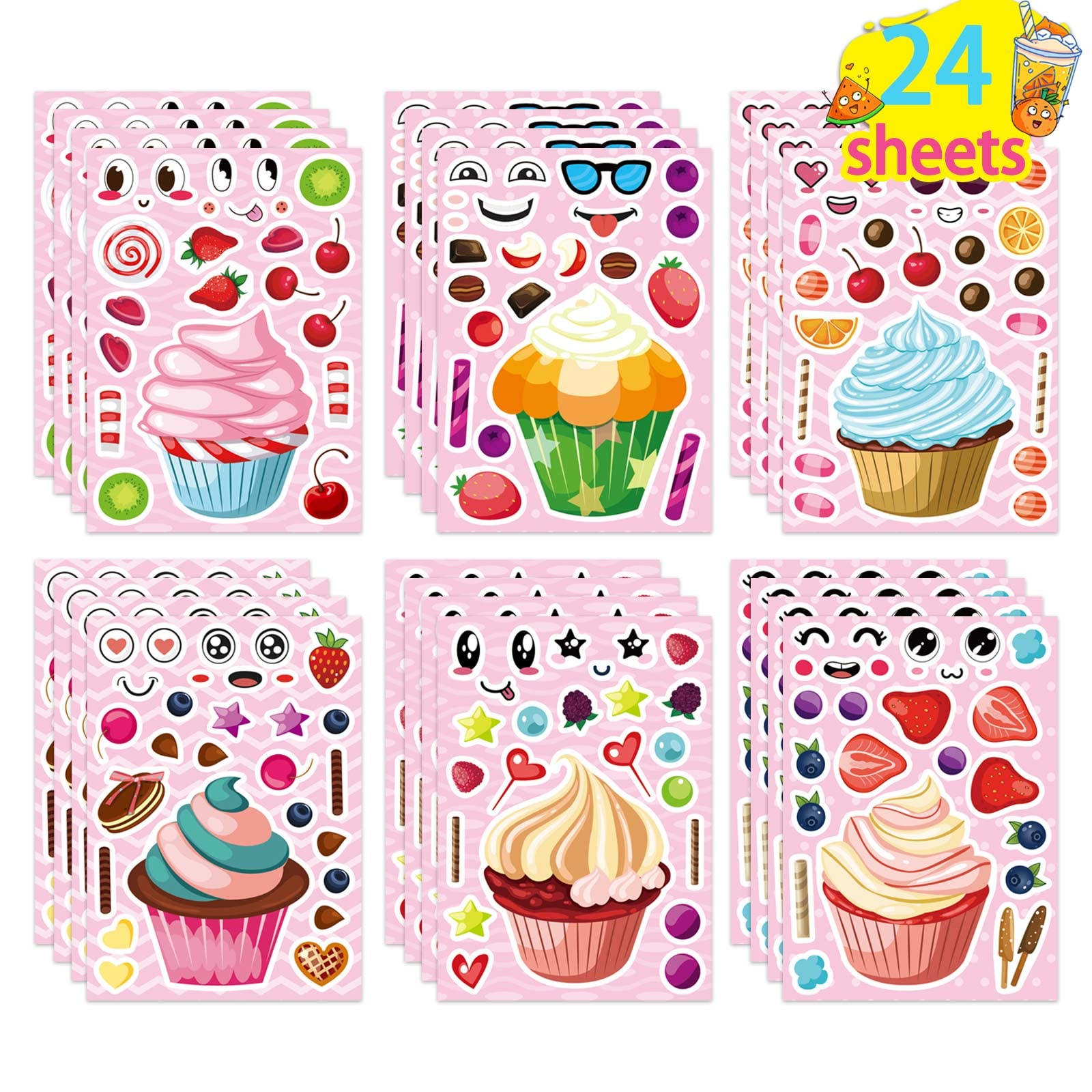 Photo 1 of 24 Sheets Make-a-face Cupcake Stickers Make Your Own Dessert Stickers Mix and Match Sweets and Fruit Treats Party Favor Supplies for Kids Ice Cream Sticker Games Birthday DIY Art Crafts