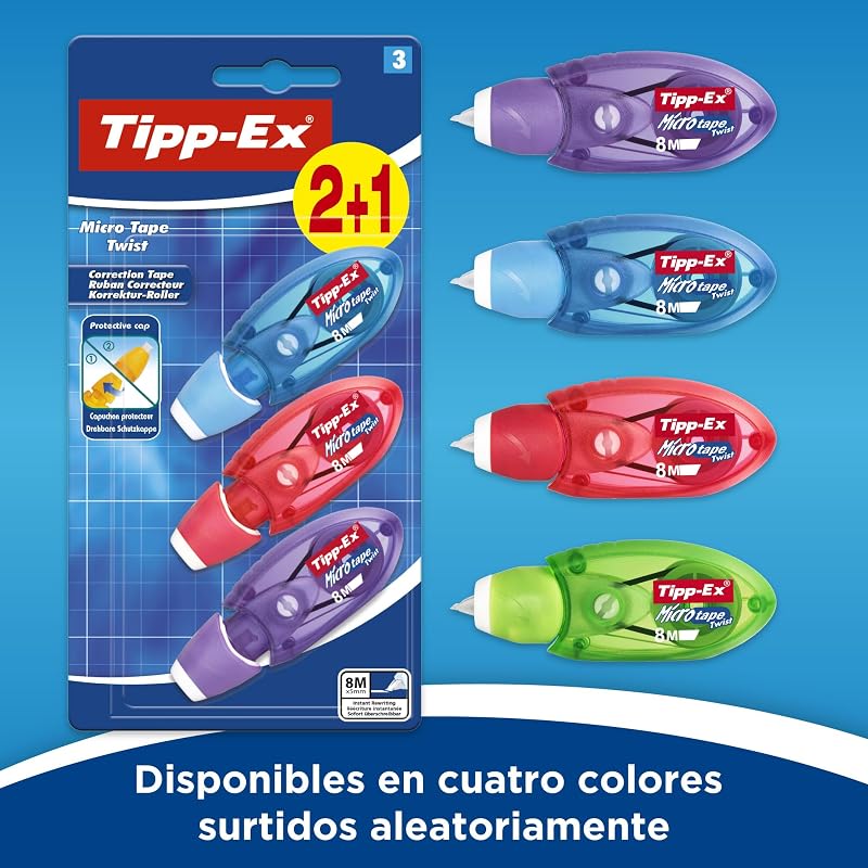 Tipp-Ex Cinta Correctora de Bolígrafos, Óptimo para Material Escolar, Micro Tape Twist, 8m x 5mm, Con Cabezal Rotativo, Blíster de 3, Multicolor