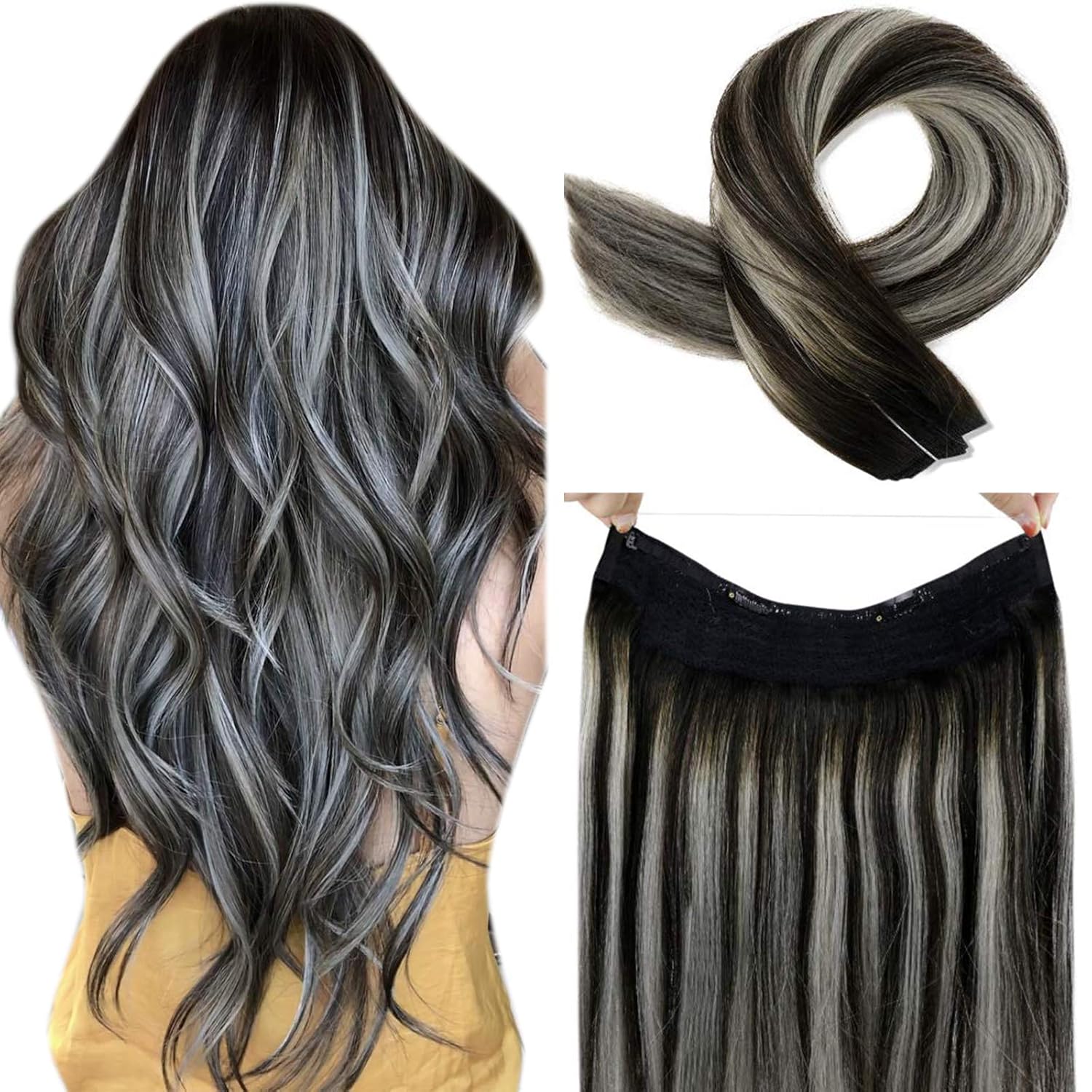 LaaVoo Secret Halo Human Hair Extensions Black Ombre Halo