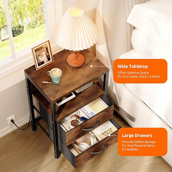 LAZZANTO NIGHTSTAND BEDSIDE CHARGING TABLE BEDROOM – BROWN NIGHT STAND WITH CHARGER STATION, MODERN BED SIDE END TABLE WITH OPEN SHELF & 2 FABRIC DRAWERS, USB-C PORT FOR DORM, LIVING ROOM