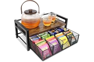 Tea Bag Organizer, Tea Bag Holder Organizer with 8-Compartment Adjustable Drawer, Wood & Metal Tea Box Organizer Chest for Co
