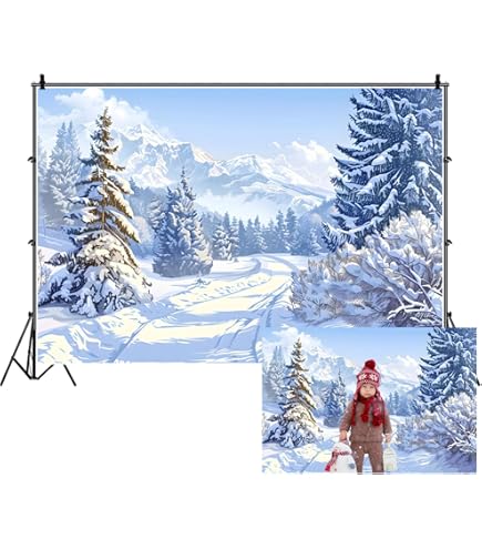 DORCEV 9x9ft Winter Night View Backdrop Beautiful Nature Snowy Trees Outdoor Mountain Scenery Snowfield Wheel Tracks Photography Background For Kids Family Christmas Party Banner Studio Props