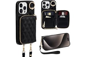 Keallce Case for iPhone 15 Pro Max 6.7'' Wallet Case, Crossbody Zipper Purse Handbag Wristlet for Women, RFID Blocking Card Holders, 360° Ring Kickstand Flip Leather Cover for iPhone 15 Pro Max, Black