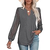 Micoson Womens Lace Long Sleeve Tops V Neck Pleated Blouses Dressy Casual Work Shirts