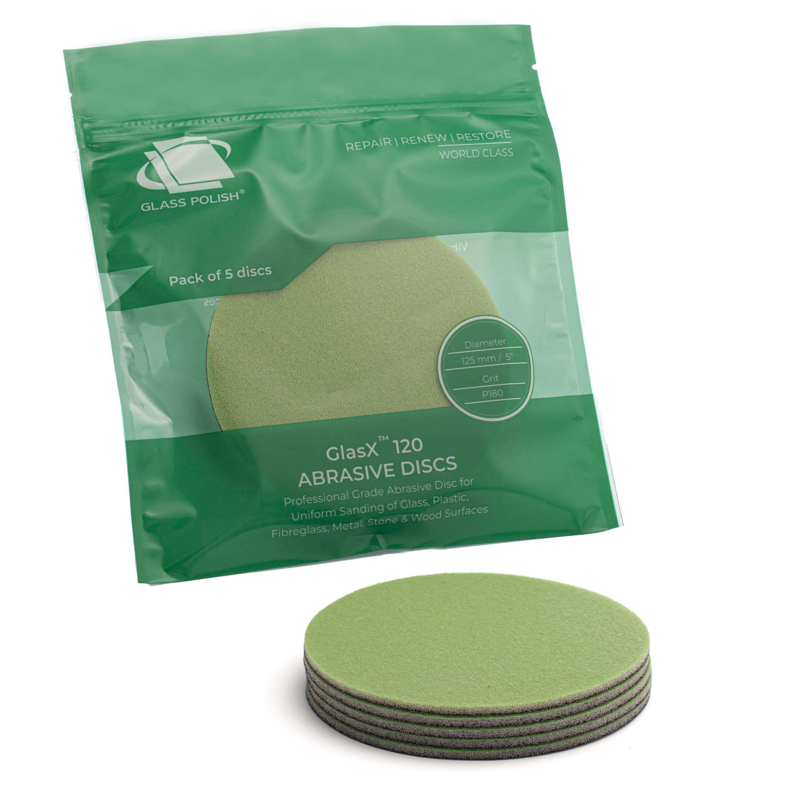 Glass Polish 5 inch (125mm) 180 Grit Pack of 5 Sanding Discs for Rotary Polisher - Glass Foam Backed Silicon Carbide Abrasive P180 - GP14503