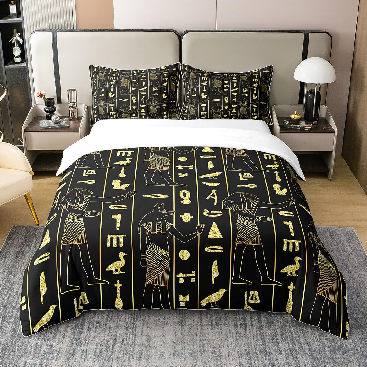 Loussiesd Ancient Egypt 100% Cotton Duvet Cover Egyptian Symbol Vintage Pharaoh Pyramid Bedding 100% Cotton Set Boho Tribal 1 Pillowcases Single Size Zipper
