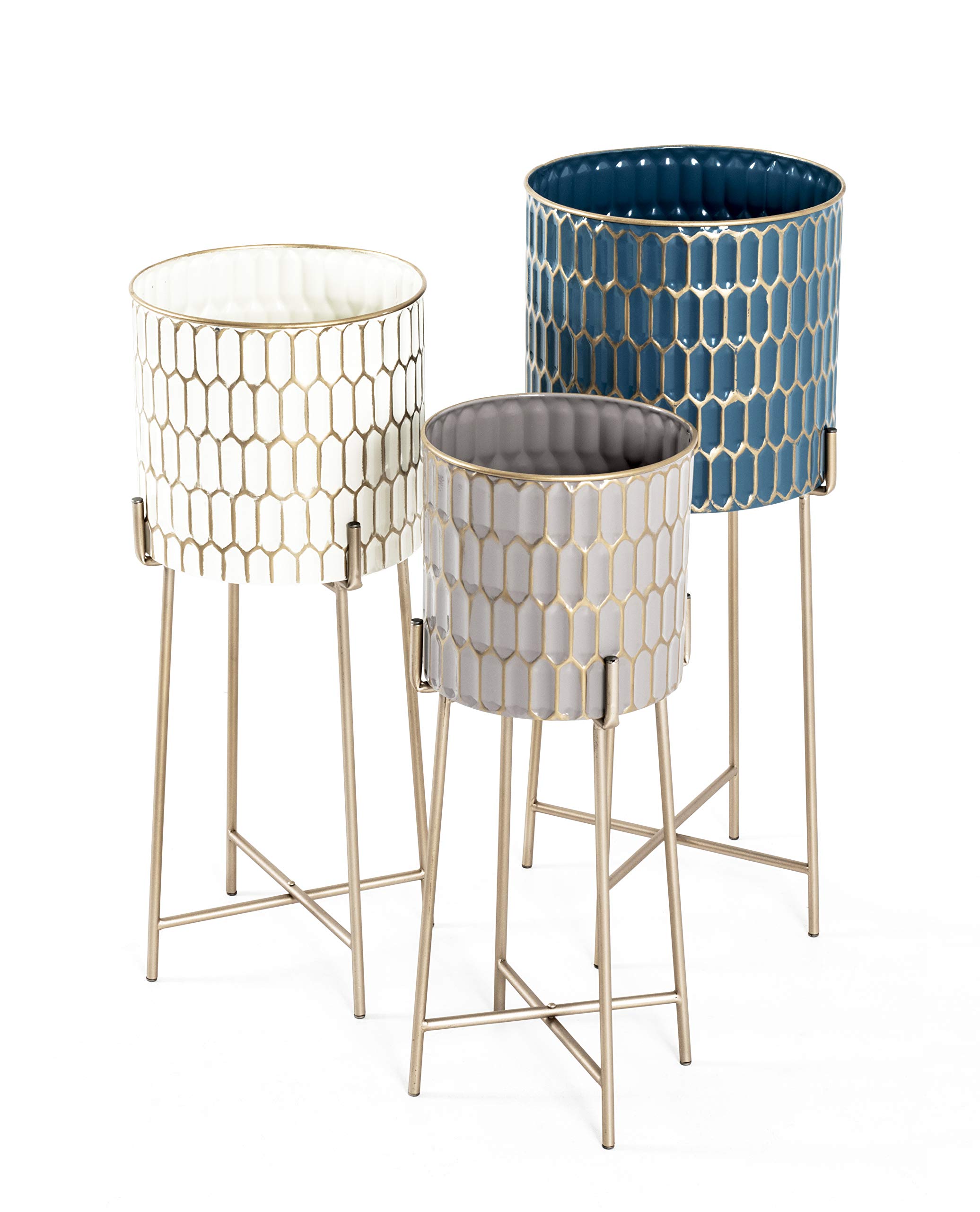 HAKU Set of 3 Flower Column Cream, Gold, Petrol, Taupe, Metal - Dim.: H 59/64/70 cm X Ø 22/26/29 cm, Style: Art Deco