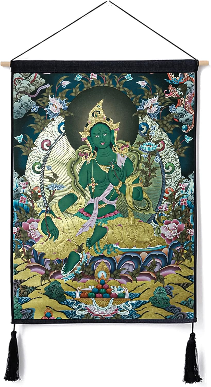 Paintings - ZenBless Tibetan Thangka Green Tara Beautiful Compassionate, Art Feng Shui Painting for Temple Buddhist Home Decor Tapestry Wall Hanging,Ancient Traditions Culture Meditation Scrolls